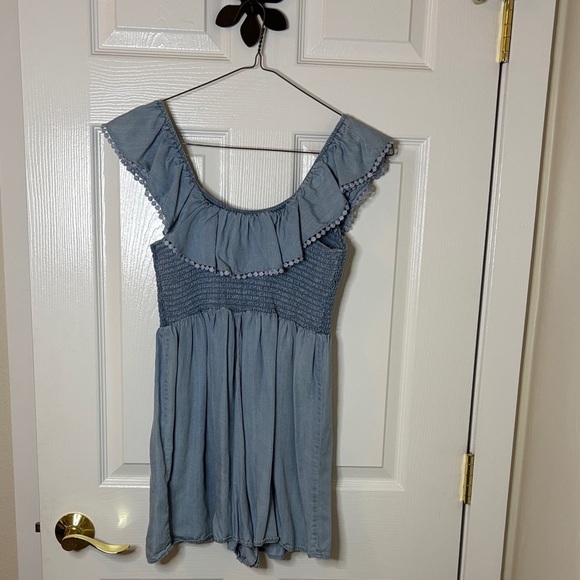 Altar'd State Blue Ruffled Top Waffled Stretch Bodice Romper Size Medium - Picture 4 of 10